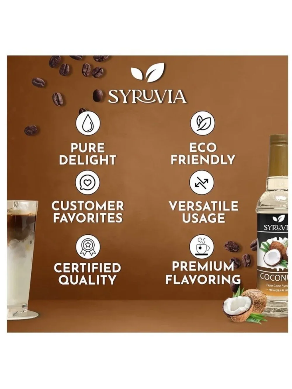 Syruvia Coconut Pure Cane Sugar , Coffee Syrup – 750ml~25.4 fl oz  Exp 8/2027